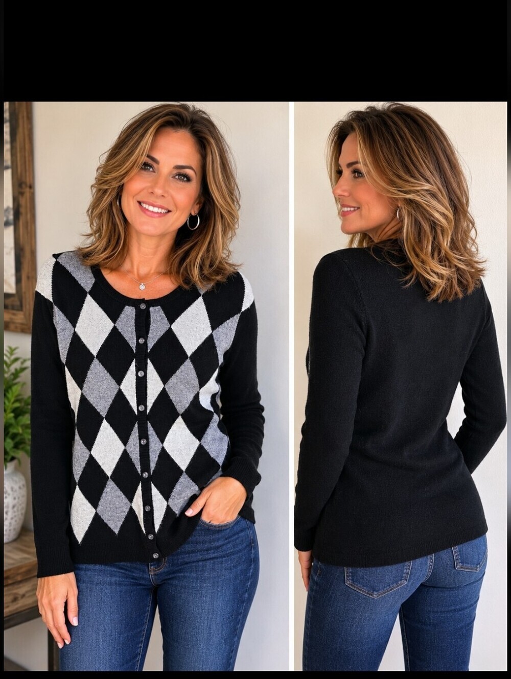 Apt. 9 100% Cashmere Argyle Cardigan Sweater XL Black Gray Button Front NWOT